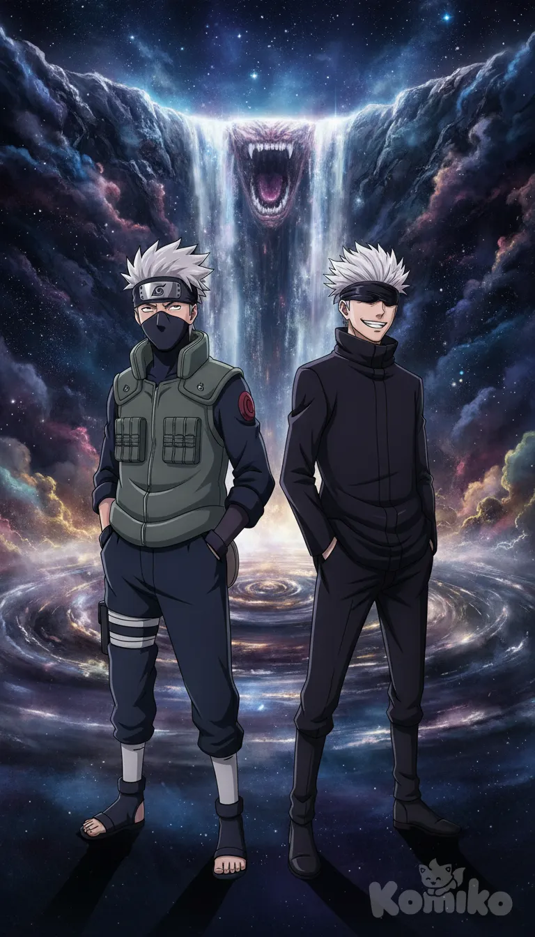 Kakashi hatake and @Gojou_Satoru, [toon-shaded-style], hands in pockets, 2people, standing, evil smile, laughing, 3d background, full body, ultra-wide shot, waterfall, cosmic background, cinematic lighting