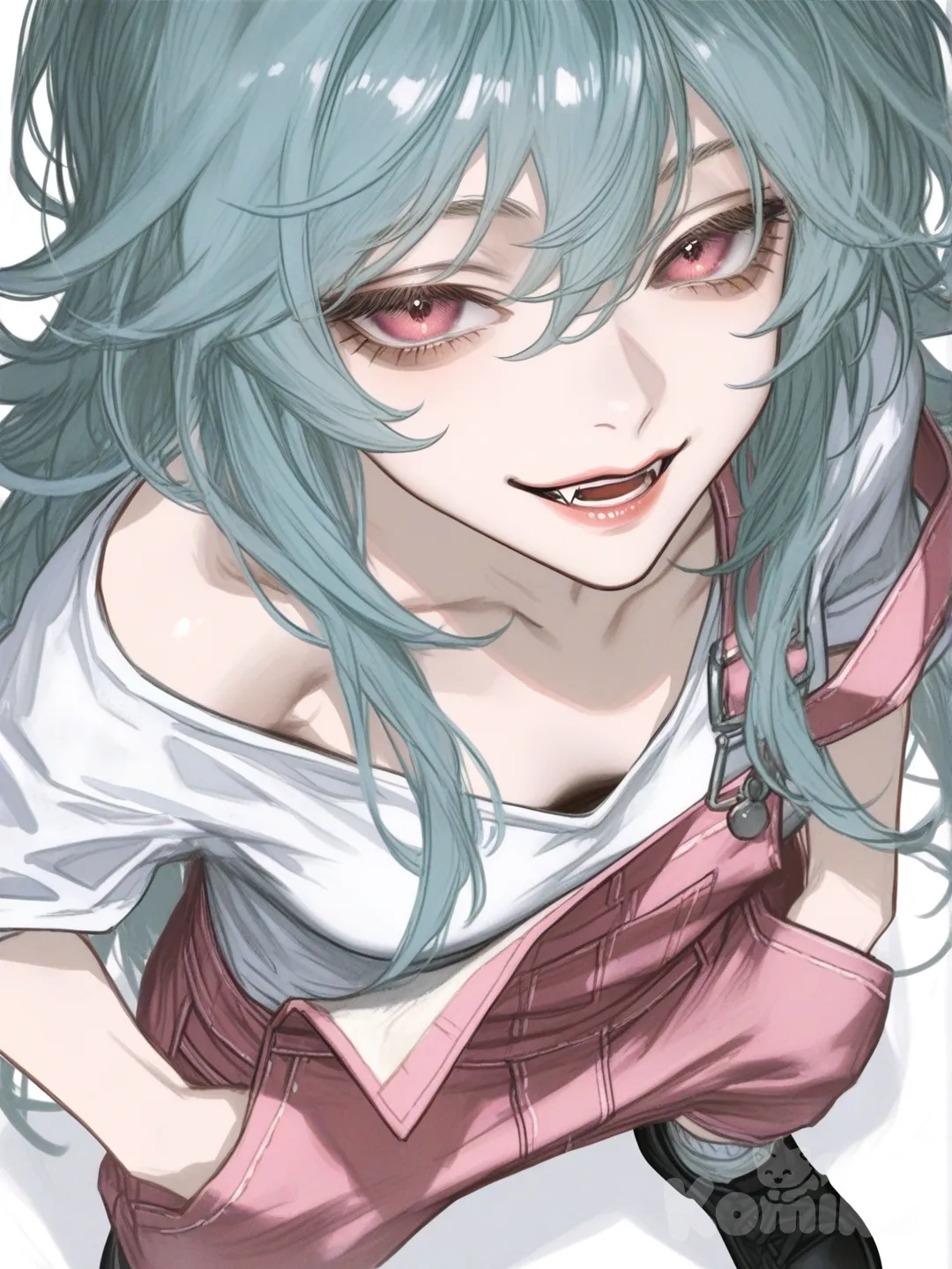 1girl, teenager, tall, slim, long hair, aqua blue hair, pink eyes , fair skin,White T-shirt,Short wide sleeves ,Little black shoes Short white socks,Light pink overalls,Sleeveless, one strap off the shoulder ,Smiling, slightly pointed teeth,mocking expression,1 character, all coal,Looking at the viewer, simple background , bird's-eye view, hands in pockets, white background, [semi-realistic-portrait-style]
