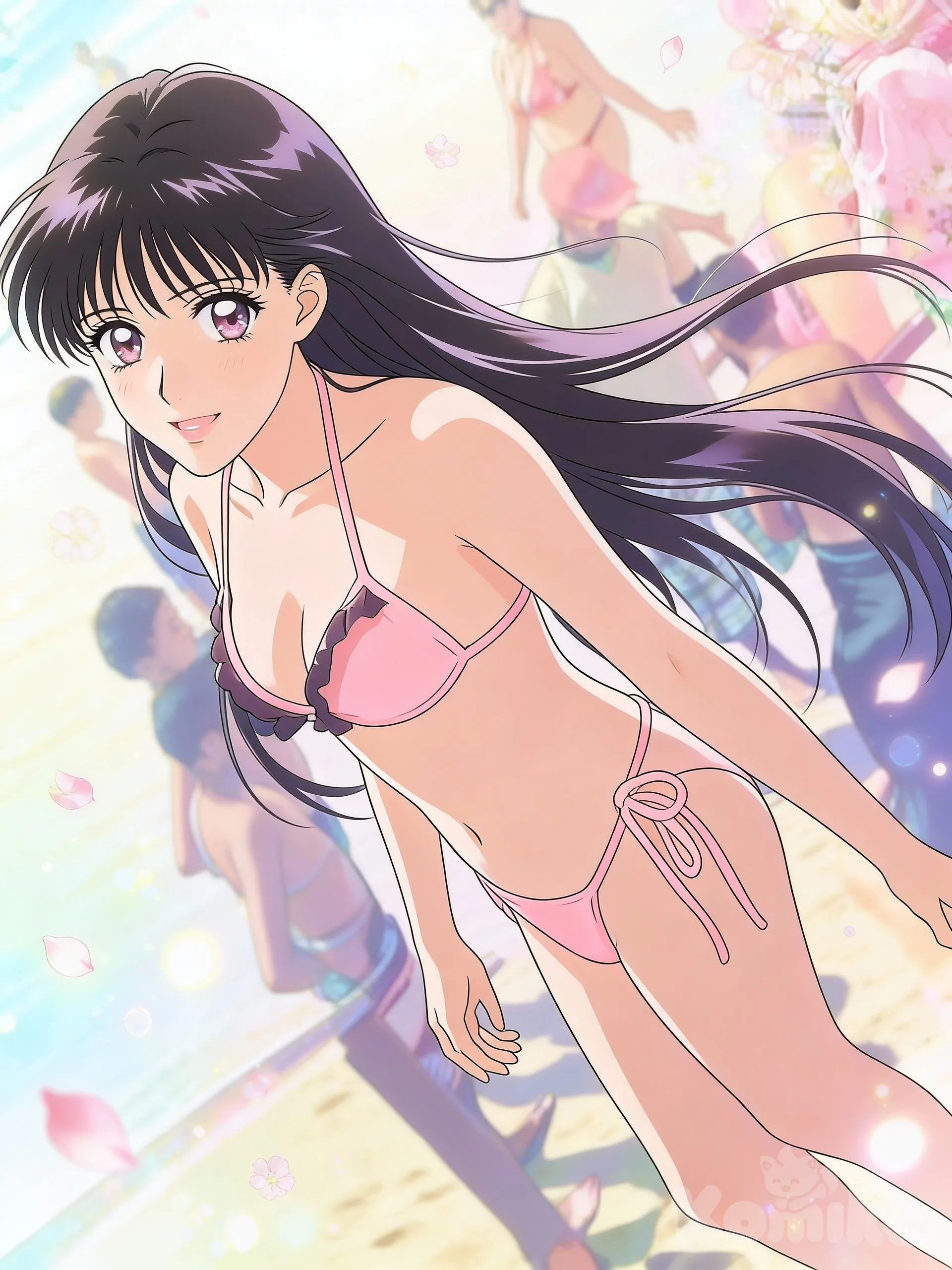 "Transforme esta imagem em um estilo de anime shôjo clássico, com traços delicados, olhos grandes e expressivos, cabelos fluidos e brilhantes, cores suaves e pastéis, fundo leve com elementos românticos como pétalas ou brilhos suaves. Mantenha fielmente todas as características faciais originais da pessoa: formato do rosto, olhos, nariz, boca, expressão, cor e formato do cabelo, tom de pele, idade aparente e proporções corporais exatamente como na imagem original. Não altere nada na identidade ou aparência real da pessoa, apenas aplique o estilo artístico shôjo sem exageros que distorçam o reconhecimento. Estilo de artistas como Naoko Takeuchi ou CLAMP, alta qualidade, detalhado, iluminação suave.