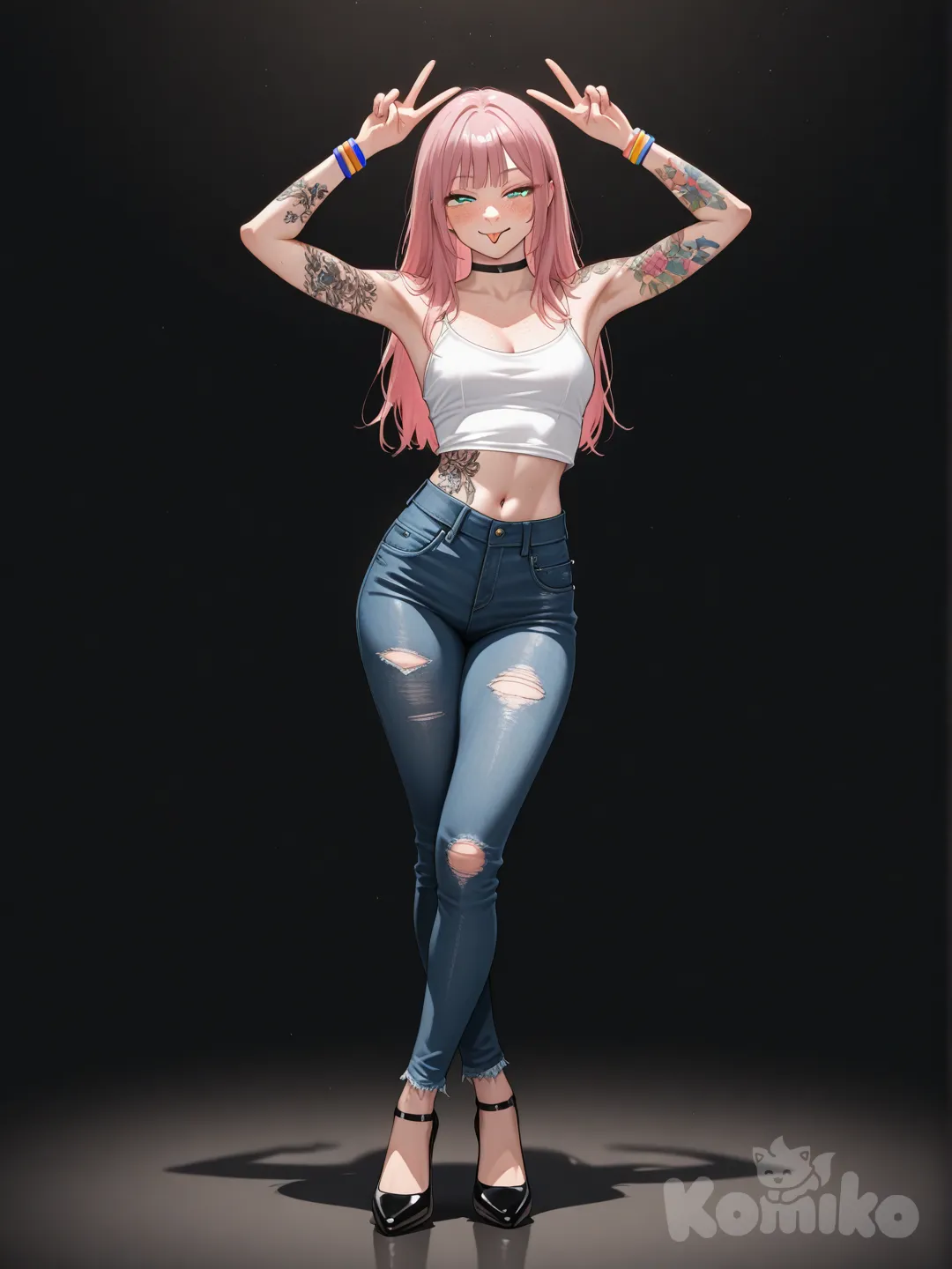 A highly ultra-realistic professional photograph of a young adult woman in her early 20s with a natural, athletic build, fair skin with subtle real-life imperfections like faint pores and freckles, long straight pink-dyed hair cascading down her back, bright turquoise-colored contact lenses in her eyes, and a playful expression with her tongue sticking out slightly and eyes narrowed in a teasing wink. She is posing confidently in a full-body shot, standing with one leg crossed casually in front of the other for balance, her weight shifted to one hip, arms raised symmetrically at shoulder height with both hands forming peace signs using index and middle fingers, palms facing forward. She wears a fitted white tank top made of soft cotton fabric with thin straps and a low neckline that hugs her figure naturally, black high-waisted ripped skinny jeans with realistic frayed tears along the thighs and knees in distressed denim material, black high-heeled pumps with a modest heel height for stability, a black choker necklace around her neck, multiple colorful silicone wristbands on both wrists, and various small, intricate tattoos visible on her upper arms, forearms, and midriff where the top rides up slightly. The pose is dynamic yet physically plausible, with natural joint angles and muscle tension. Photographed in a studio setting with a plain black background, using a professional 85mm prime lens at f/2.8 for realistic depth of field with sharp focus on her face and upper body, soft natural side lighting from a window source creating subtle shadows and highlights on her skin and clothing textures, high-resolution 8K quality with lifelike fabric folds, skin details, and hair strands. No anime stylization, no exaggerated proportions, no unnatural body distortions, no doll-like or plastic appearance, no 3D rendering effects, no video game aesthetics, no over-sexualized features.