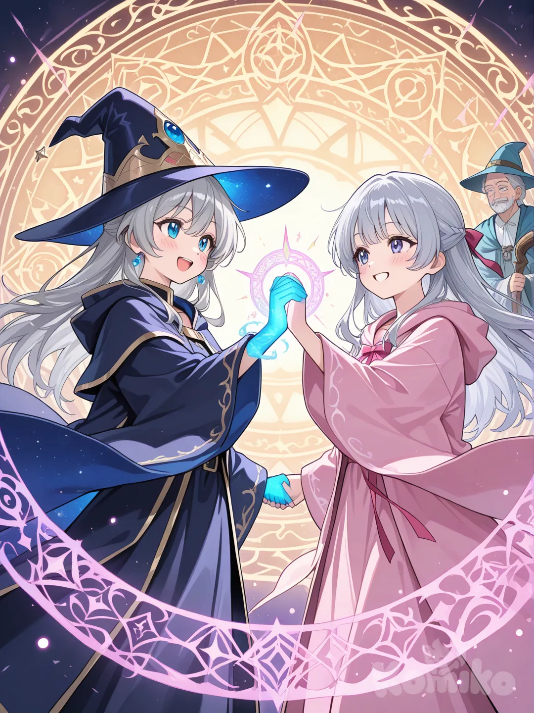 two anime girls, best friends, colorful anime style, artwork A wizard with long grey hair casts a spell