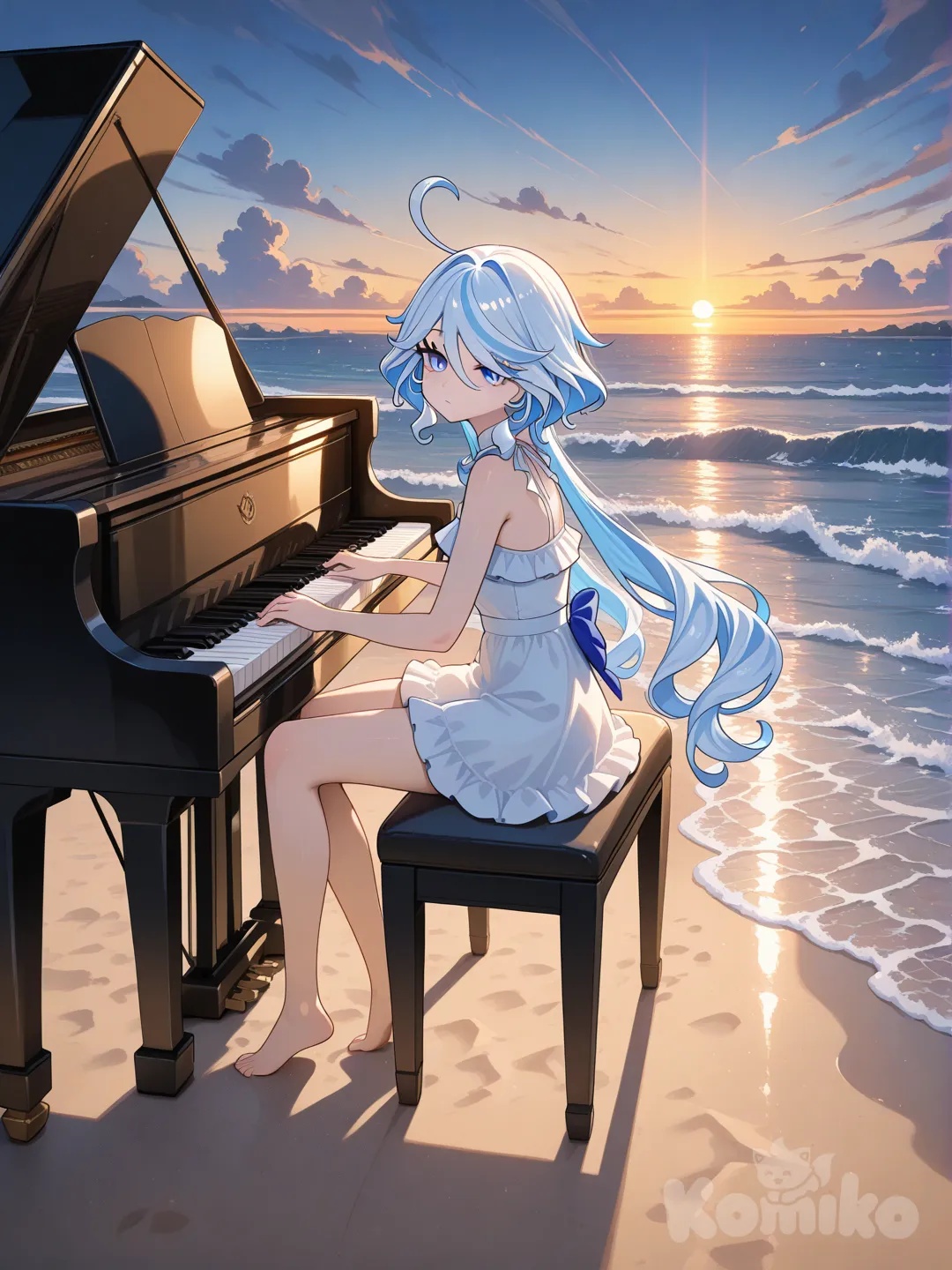 @Furina_(Genshin_Impact) playing the piano on the beach
