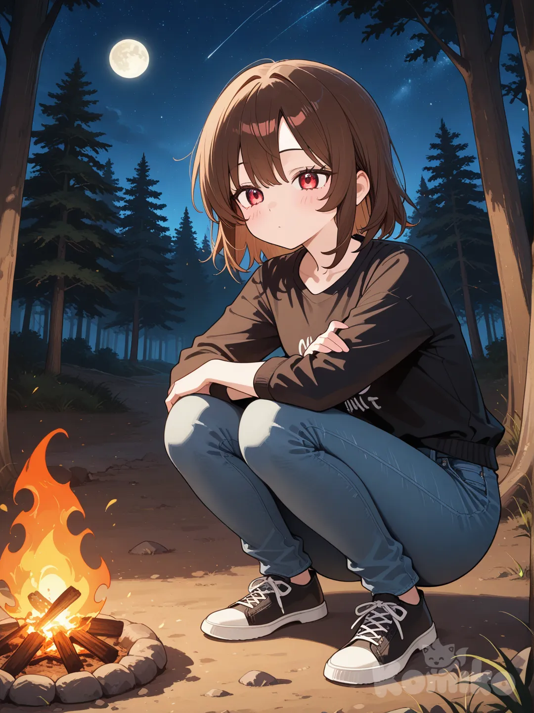 campfire, warm lighting, night, moon, stars
