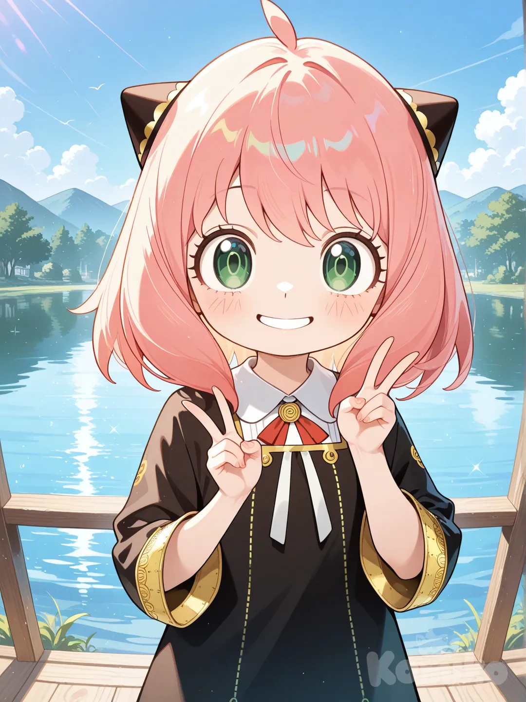 anya (spy x family), lake, smile, peace symbol, looking at viewer