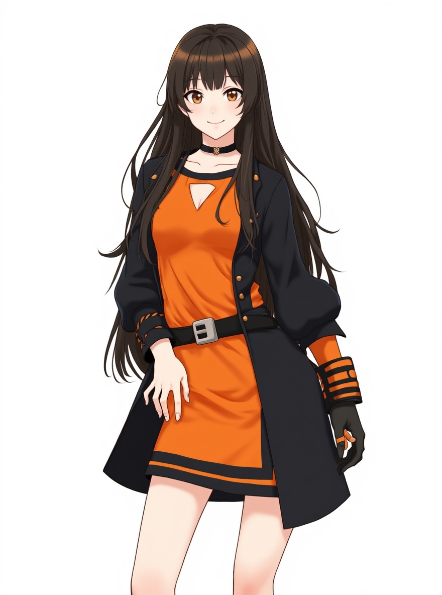 1girl, fair skin, long straight hair, light brown eyes, button nose, perfect body, hero costume, orange and black but more black, single character, full body, looking at viewer, anime style, simple background, white background
