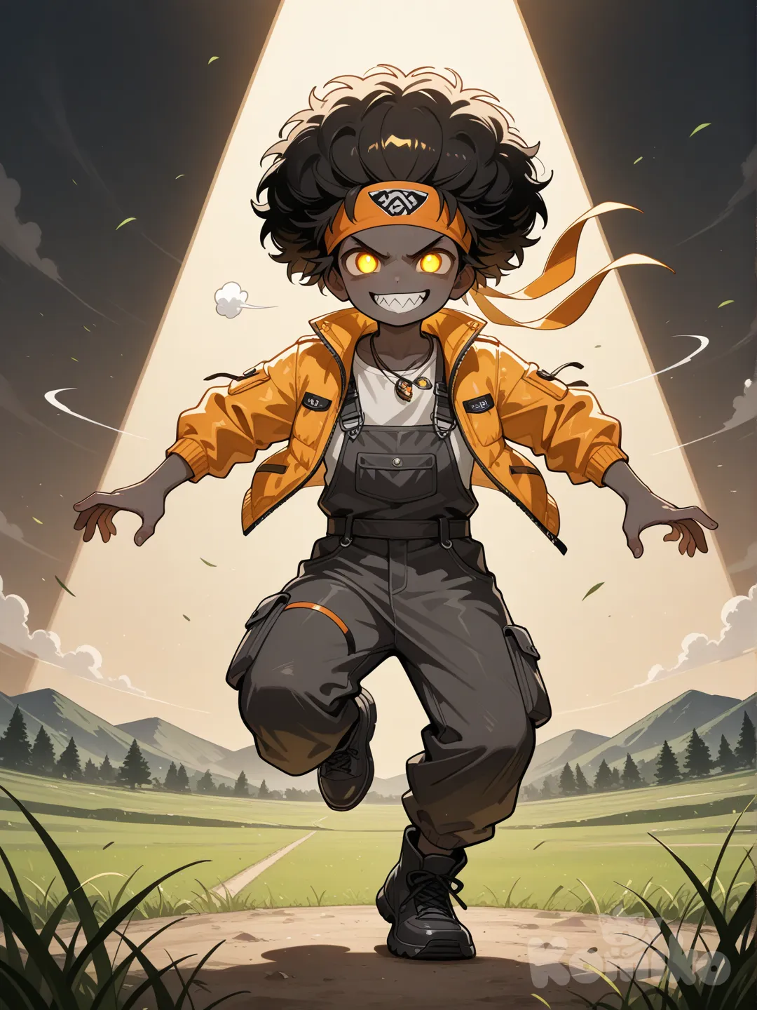 1boy black kid flying afro, outdoor adventure jacket, overalls, cargo pants, headband, necklace, jewelry, charcoal black, full body, stage light, grassland, angry, evil smile