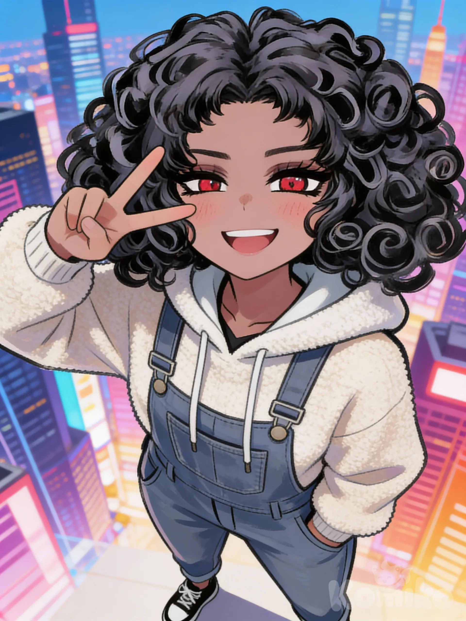 @tkt-TV3W, v sign, smile, blush, hoodie, overalls, full body, headshot, cityscape