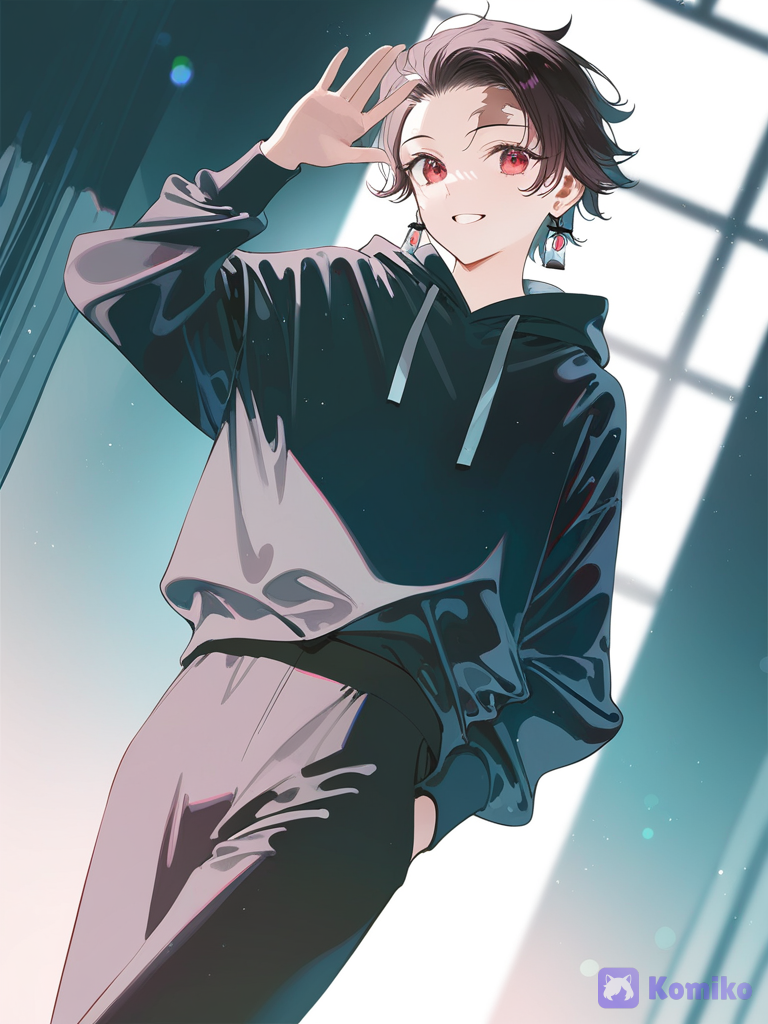 [iridescent-style], top quality, ultra cinematic lightning. High end @Kamado_Tanjirou, waving, smile, hoodie, wide-leg pants, full body, portrait, cowboy shot
