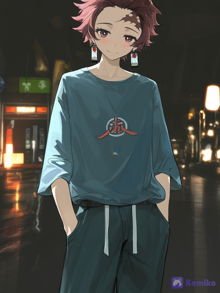 [desaturated-illustration-style], top quality, ultra cinematic lightning. High end @Kamado_Tanjirou, smile, full body, portrait, cowboy shot, blush, casual pants, blue t-shirt