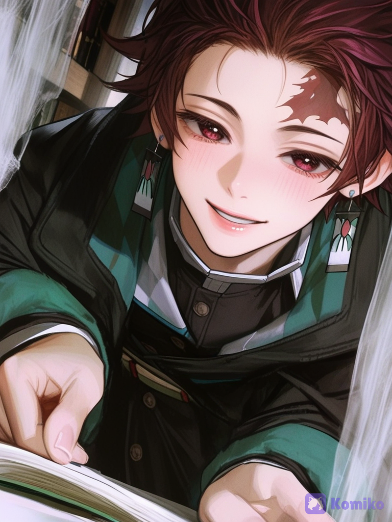 [semi-realistic-portrait-style], top quality, ultra cinematic lightning. High end @Kamado_Tanjirou, smile, full body, portrait, cowboy shot, blush, trench coat, silk, book