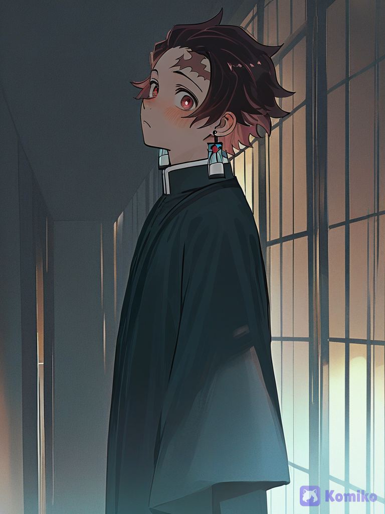 [sensual-glossy-style], top quality, ultra cinematic lightning. High end @Kamado_Tanjirou, full body, portrait, cowboy shot, blush, priest robe, frown