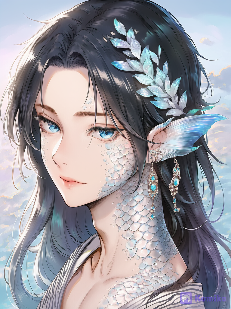 [thick-paint-male-style]solo, 1male, portrait, ethereal, black hair, long hair, gradient hair, pastels, blue eyes, fish scales partly on face and neck, koi theme, long eyelashes, white eyelashes, androgynous, jewelry, iridescent fins as ears
