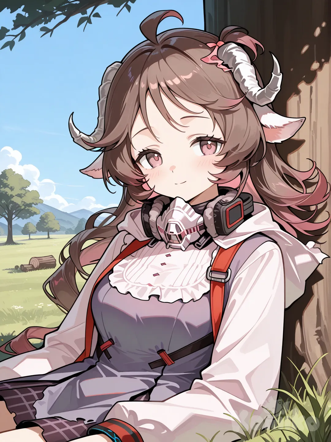 @Eyjafjalla_(Arknights) quiero que esté mirando el cielo hermoso y que esté recostado a un árbol.