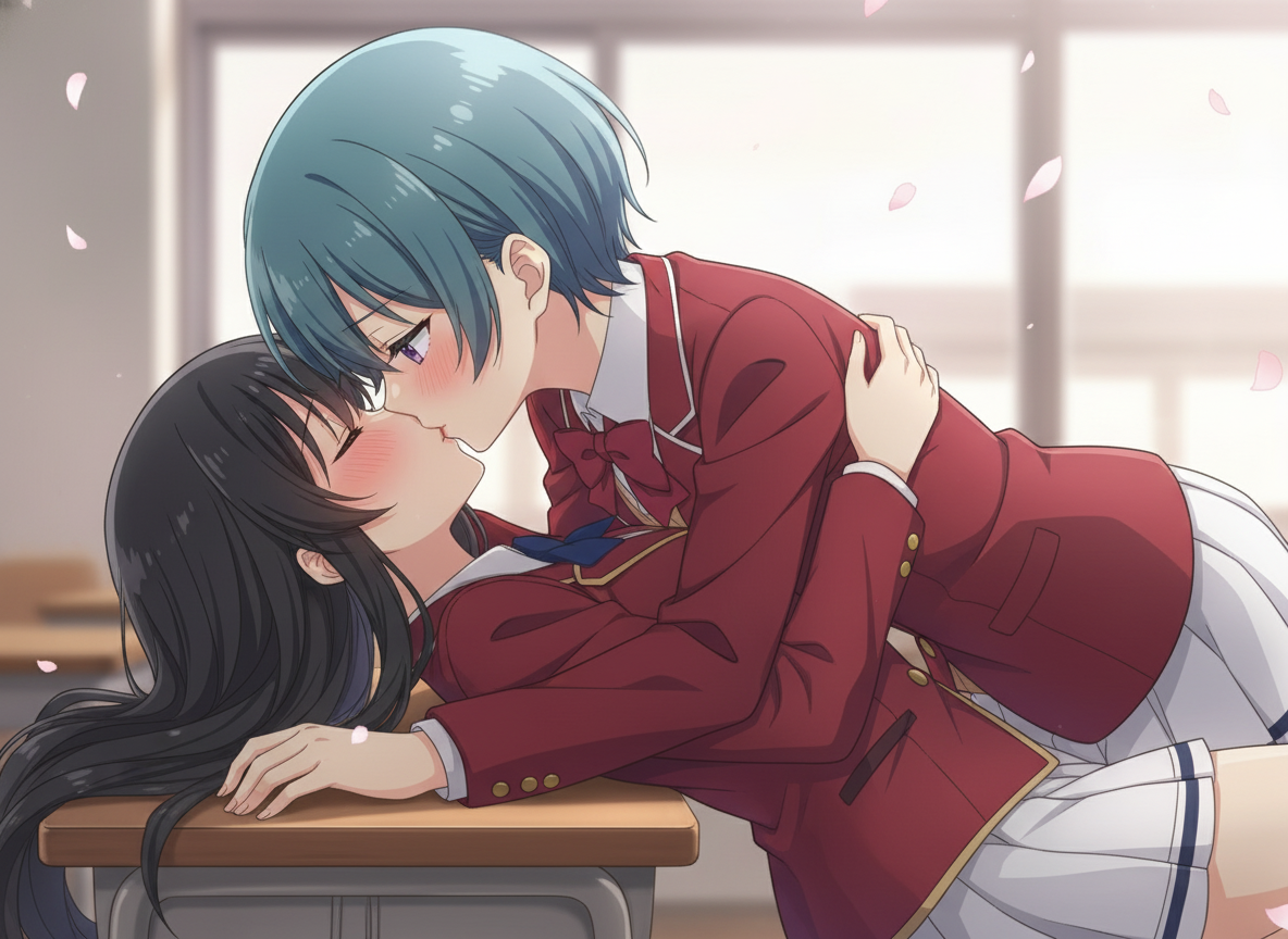 Two girls, sharing a gentle French kiss. They are in an anime style, both blushing, embodying a yuri atmosphere, <horikita-suzune-IRTv>, <ibuki-i-mio-hgku>, on table, lying on person, anime style