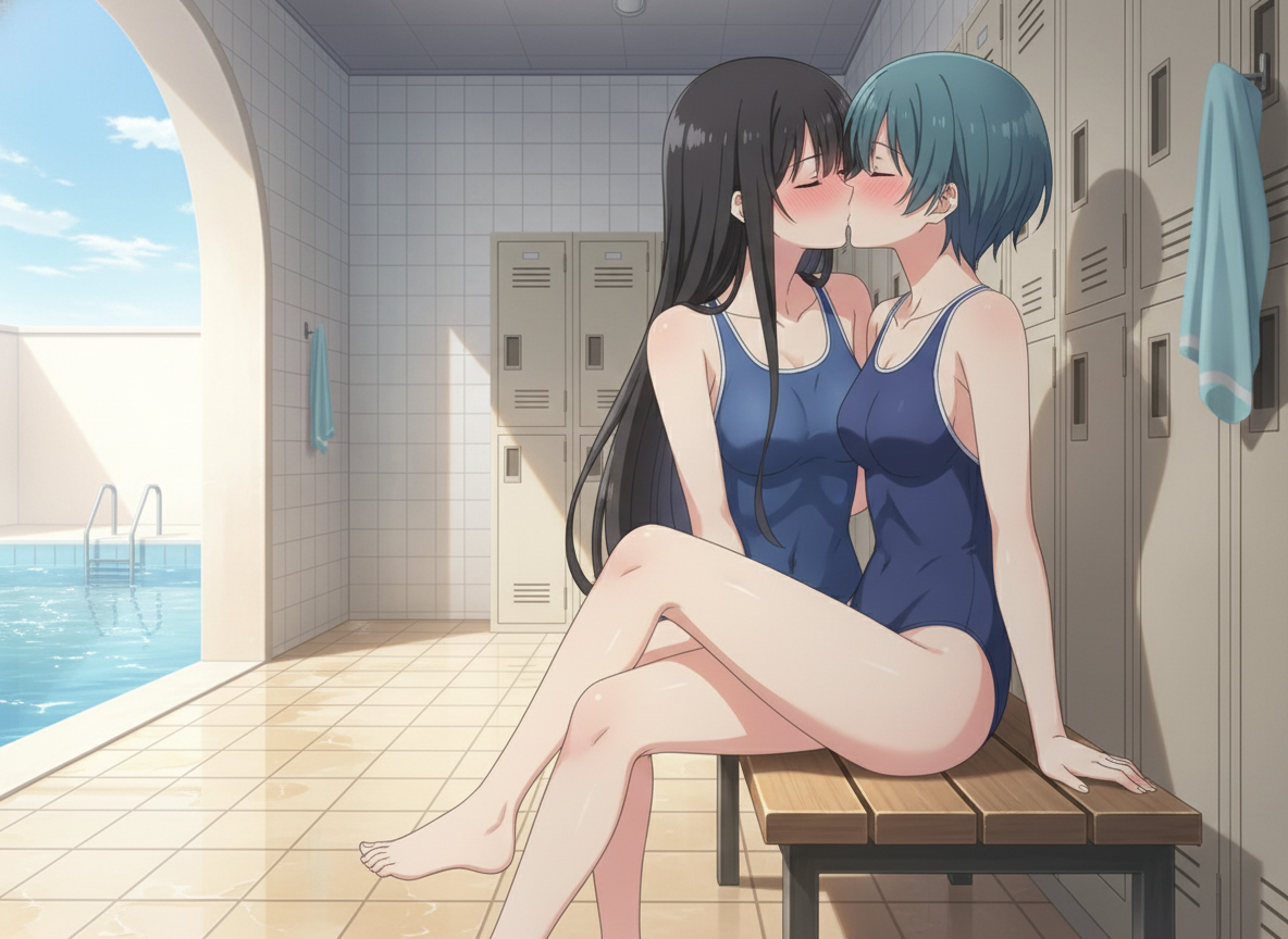 Two girls, sitting close on a bench in a locker room by the pool, sharing a gentle French kiss. They are in an anime style, with one wearing a blue one-piece swimsuit, both blushing. Their legs are crossed gracefully, embodying a yuri atmosphere, <horikita-suzune-IRTv>, <ibuki-i-mio-hgku>, anime style