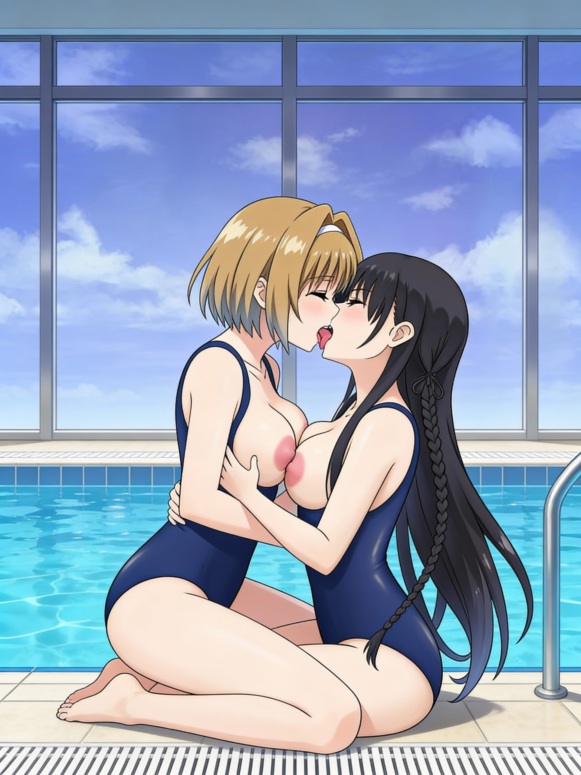 @kushida-kykyou-XJiD, @horikita-suzune-IRTv, blue one-piece swimsuit, pool, breast press, french kiss, tongue, breasts out, sex