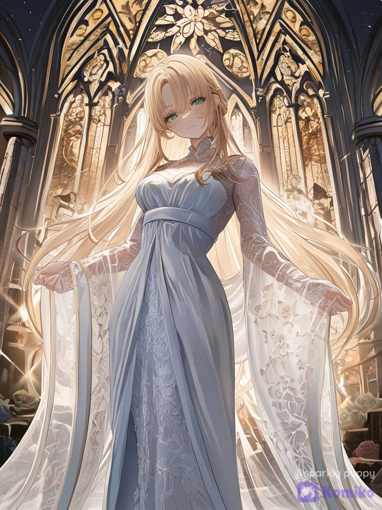 [ethereal-fantasy-style], im a 6’1 elegant framed woman, long hair of silk the color of the sun and the texture of feathers, green eyes the color of spring meadows, skin like porcelain and a body of a ballerina, my beauty alluring and divine lips like rose petals., floating, head tilt, priestess white robe, silk, lace, translucent fabric, looking at viewer, depth of field, sparkle, cinematic lighting, neon lights, volumetric lighting, golden hour, ethereal lighting, church, starry sky, ruins