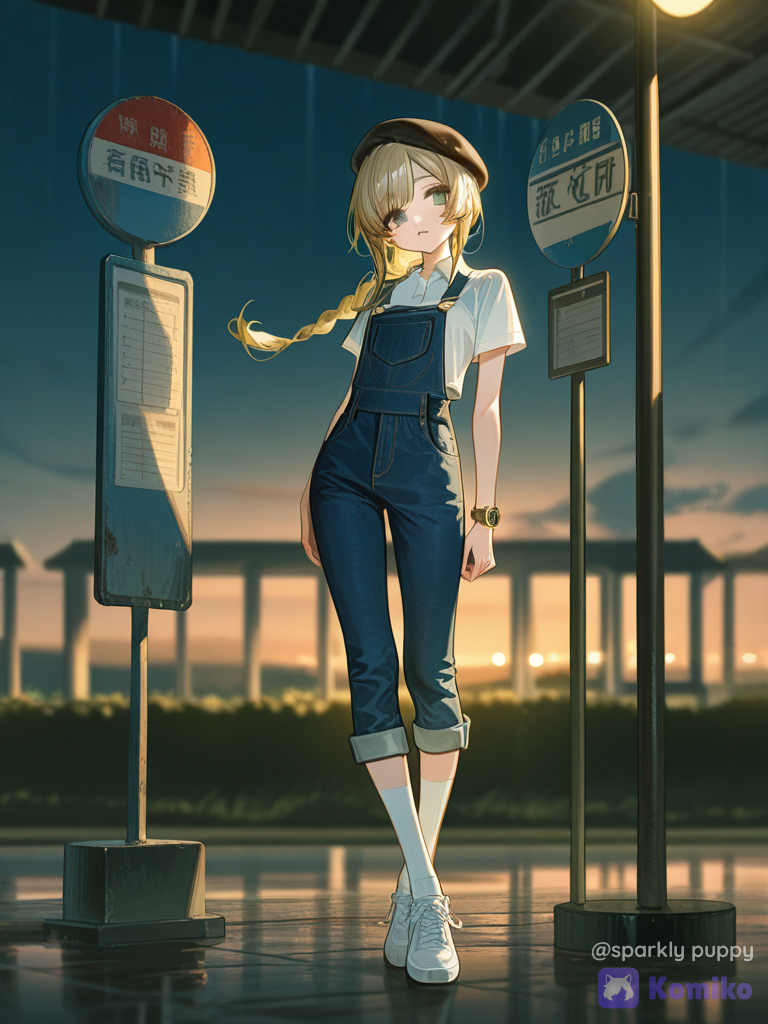 [high-gloss-illustration-style], im a 6’1 elegant framed woman, long hair of silk the color of the sun and the texture of feathers, green eyes the color of spring meadows, skin like porcelain and a body of a ballerina, my beauty alluring and divine lips like rose petals., floating, head tilt, volumetric lighting, polo shirt, capri pants, overalls, denim, wool fabric, sherpa, beret, knee-high socks, mechanical watch, braided ponytail, side ponytail, mary jane shoes, slip-on shoes, high-top sneakers, ivory white, khaki, klein blue, rainy, bus stop, side light, studio lighting, flickering light, backlight, twilight, night, depth of field, ultra-wide shot, blurred background, looking away, full body