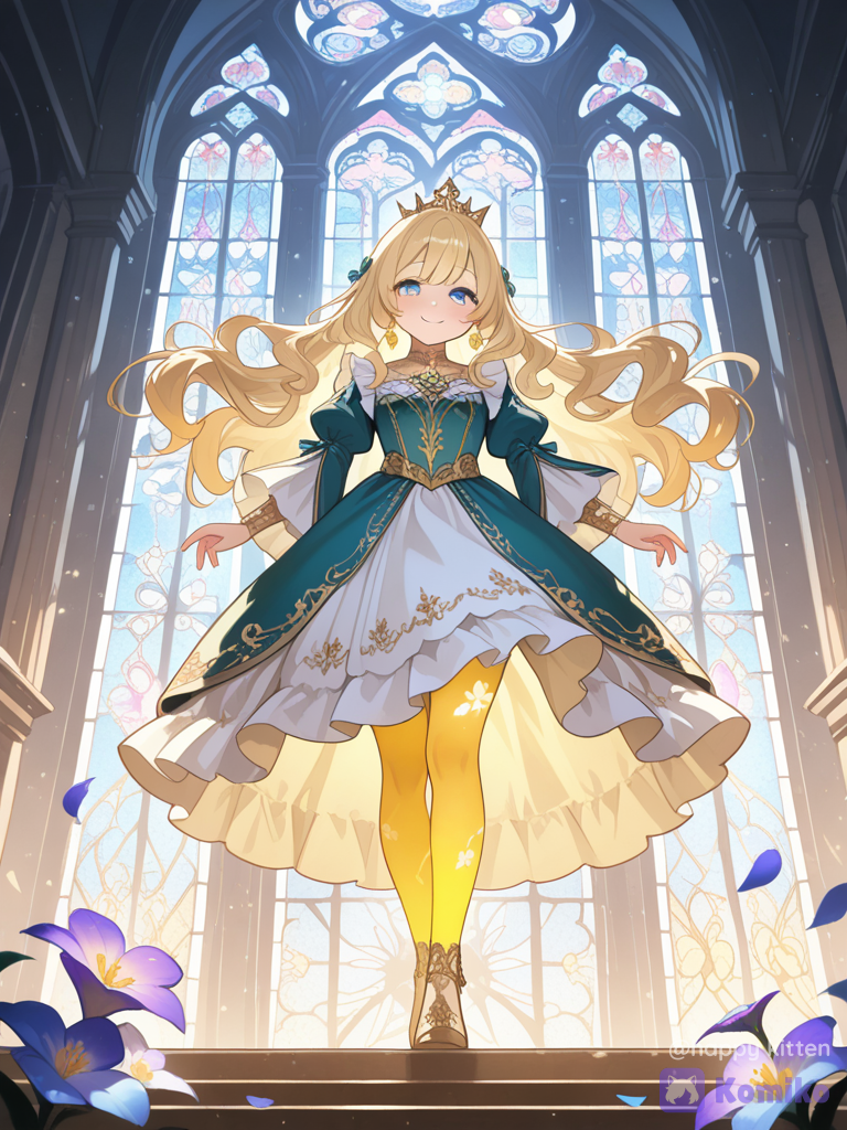 ultra-1 girl, solo, cute, adorable, sweet smile, glowing skin, eyes, long wavy hair, ribbons, frilled dress, lace, jewelry, intricate accessories, ornate background, grand palace, stained glass, flower petals, floating light particles, cinematic lighting, soft focus, depth of field, vibrant colors, dreamy atmosphere, from below