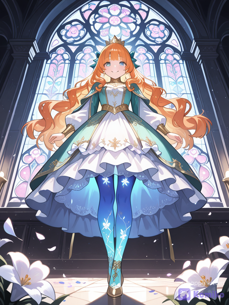 ultra-1 girl, solo, cute, adorable, sweet smile, glowing skin, eyes, long wavy hair, ribbons, frilled dress, lace, jewelry, intricate accessories, ornate background, grand palace, stained glass, flower petals, floating light particles, cinematic lighting, soft focus, depth of field, vibrant colors, dreamy atmosphere, from below