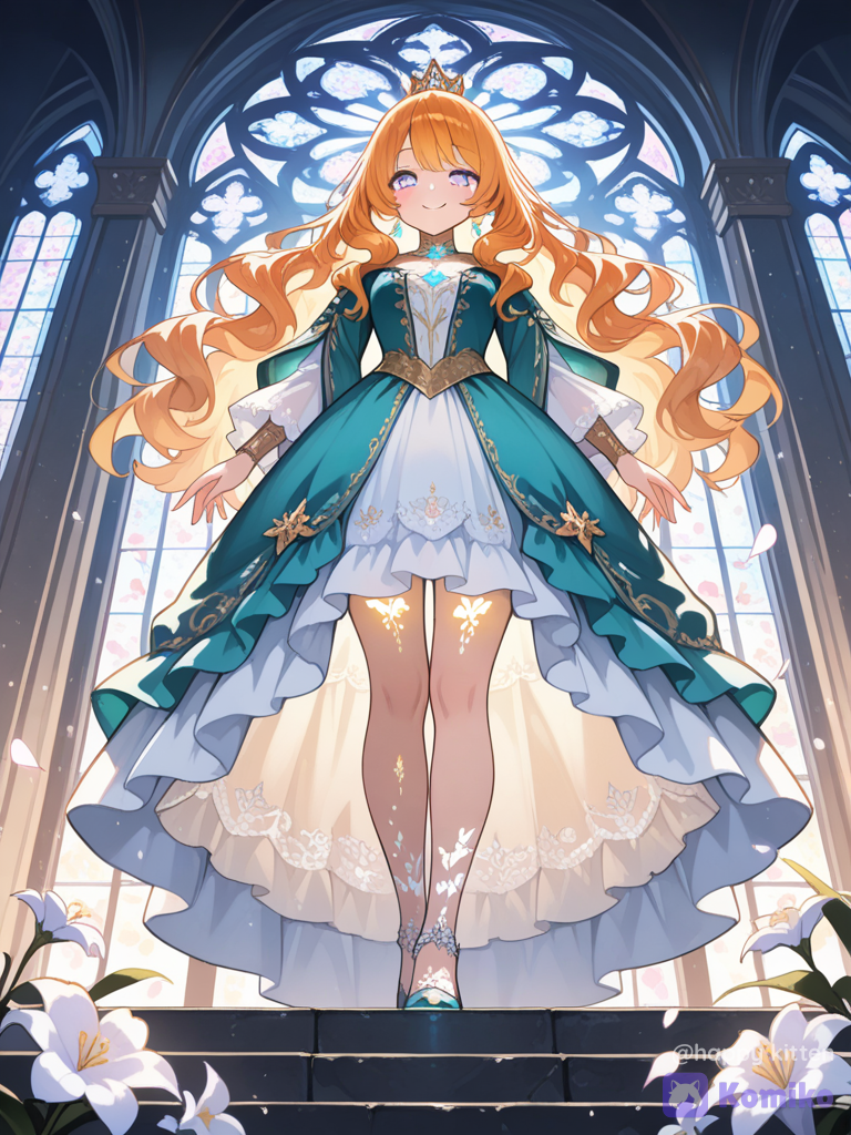 ultra-1 girl, solo, cute, adorable, sweet smile, glowing skin, eyes, long wavy hair, ribbons, frilled dress, lace, jewelry, intricate accessories, ornate background, grand palace, stained glass, flower petals, floating light particles, cinematic lighting, soft focus, depth of field, vibrant colors, dreamy atmosphere, from below