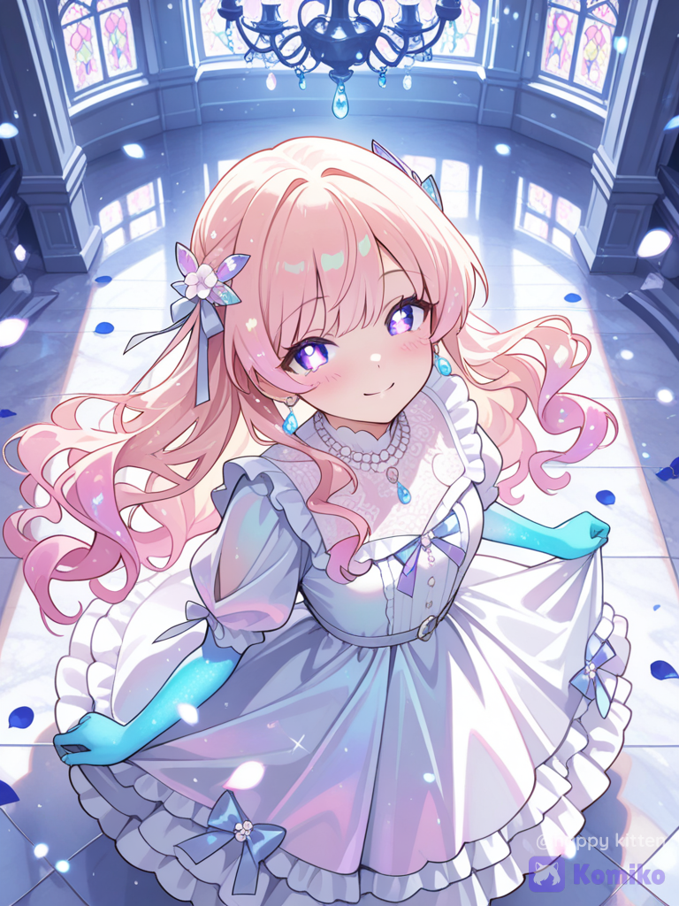 ultra-1 girl, solo, cute, adorable, sweet smile, glowing skin, eyes, long wavy hair, ribbons, frilled dress, lace, jewelry, intricate accessories, ornate background, grand palace, stained glass, flower petals, floating light particles, cinematic lighting, soft focus, depth of field, vibrant colors, dreamy atmosphere, from above