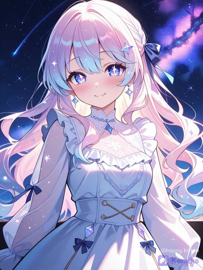 ultra-1 girl, solo, cute, adorable, sweet smile, glowing skin, eyes, long wavy hair, ribbons, frilled dress, lace, jewelry, intricate accessories, dreamy starfield, colorful nebula, cosmic dust, swirling nebula, night sky background, floating light particles, cinematic lighting, soft focus, depth of field, vibrant colors, dreamy atmosphere, volumetric light, soft glow, haze