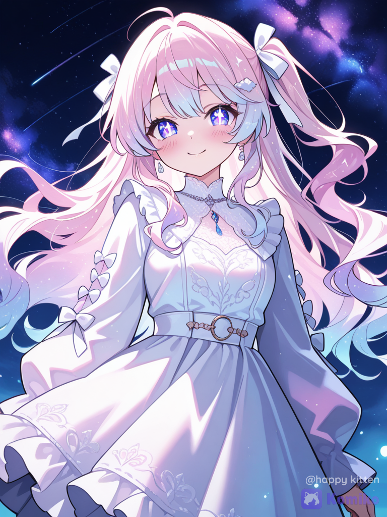 ultra-1 girl, solo, cute, adorable, sweet smile, glowing skin, eyes, long wavy hair, ribbons, frilled dress, lace, jewelry, intricate accessories, dreamy starfield, colorful nebula, cosmic dust, swirling nebula, night sky background, floating light particles, cinematic lighting, soft focus, depth of field, vibrant colors, dreamy atmosphere, volumetric light, soft glow, haze