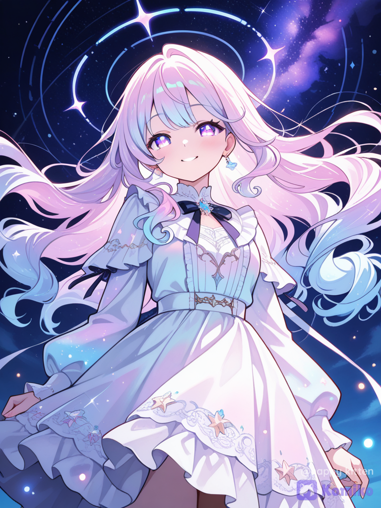 ultra-1 girl, solo, cute, adorable, sweet smile, glowing skin, eyes, long wavy hair, ribbons, frilled dress, lace, jewelry, intricate accessories, dreamy starfield, colorful nebula, cosmic dust, swirling nebula, night sky background, floating light particles, cinematic lighting, soft focus, depth of field, vibrant colors, dreamy atmosphere, volumetric light, soft glow, haze, from below