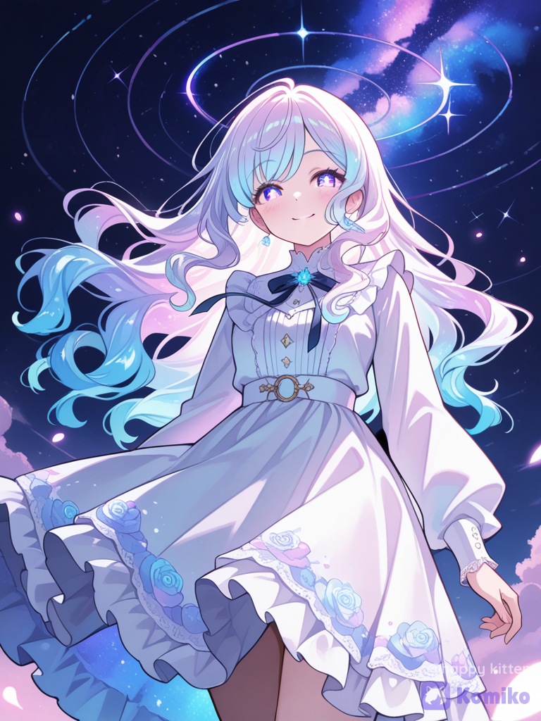 ultra-1 girl, solo, cute, adorable, sweet smile, glowing skin, eyes, long wavy hair, ribbons, frilled dress, lace, jewelry, intricate accessories, dreamy starfield, colorful nebula, cosmic dust, swirling nebula, night sky background, floating light particles, cinematic lighting, soft focus, depth of field, vibrant colors, dreamy atmosphere, volumetric light, soft glow, haze, from below