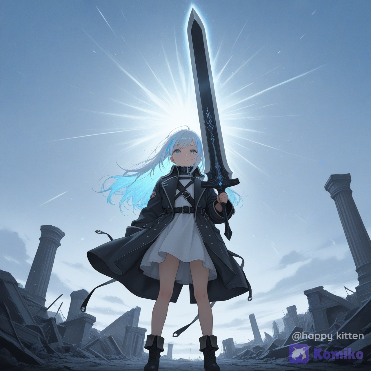 10歲、幼少比例、幼女、可愛帥氣、半寫實動漫風 (semi-realistic anime style)、精緻動畫風 (highly anime style)、巨大軍裝外套、巨大大劍、水藍色頭髮挑染，fantasy epic atmosphere, god rays, floating magic particles, ancient ruins / sky background, dramatic scale, semi-realistic anime，low-angle hero shot, heroic posture, dynamic perspective, dramatic rim light, semi-realistic anime, ultra-、cinematic lighting, volumetric light, rim light, dramatic contrast, shallow depth of field, film grain, semi-realistic anime, ultra- 、watercolor pastel style, soft bloom, paper texture, dreamy haze, gentle shading, semi-realistic anime, highly