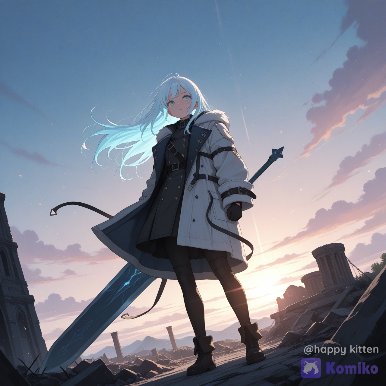 10歲、幼少比例、女、可愛帥氣、半寫實動漫風 (semi-realistic anime style)、精緻動畫風 (highly anime style)、巨大軍裝外套、巨大大劍、水藍色頭髮挑染，fantasy epic atmosphere, god rays, floating magic particles, ancient ruins / sky background, dramatic scale, semi-realistic anime，low-angle hero shot, heroic posture, dynamic perspective, dramatic rim light, semi-realistic anime, ultra-、cinematic lighting, volumetric light, rim light, dramatic contrast, shallow depth of field, film grain, semi-realistic anime, ultra- 、watercolor pastel style, soft bloom, paper texture, dreamy haze, gentle shading, semi-realistic anime, highly
