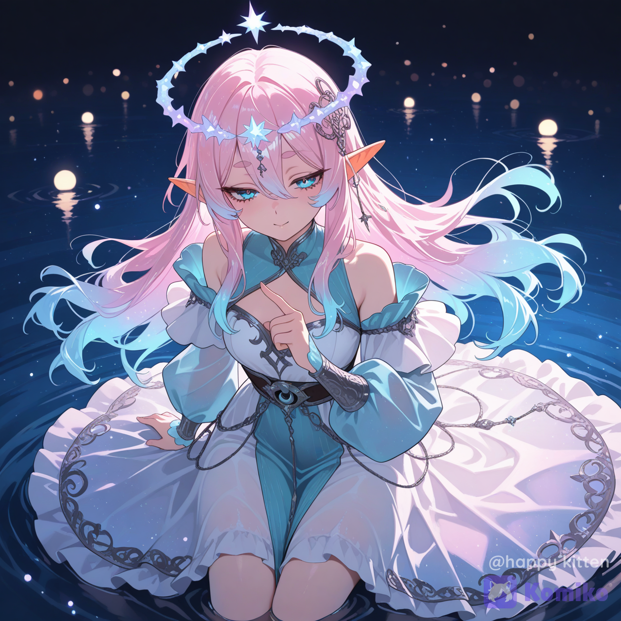 Fantasy concept art, moonlit lakeside dream heroine, long pink-to-peach gradient hair with subtle glowing strands and soft halos; half- lidded phoenix/almond eyes, calm mysterious expression; youthful cute proportions, sharp eyebrows, pointy elf ears; wearing qipao- inspired outfit with ornate beadwork and elaborate hair ornaments, elegant off-shoulder cut; ritual-like graceful posture, gentle hand gesture pointing forward (non-explicit); misty atmosphere with volumetric moonlight, star dust particles, shimmering lake reflections; romantic pink-purple and silver-blue contrast, cinematic composition, strong rim light, deep depth of field, ultra dreamy bokeh.concept art, cinematic composition, volumetric lighting, rim light, ultra mystical atmosphere, dramatic contrast, bokeh