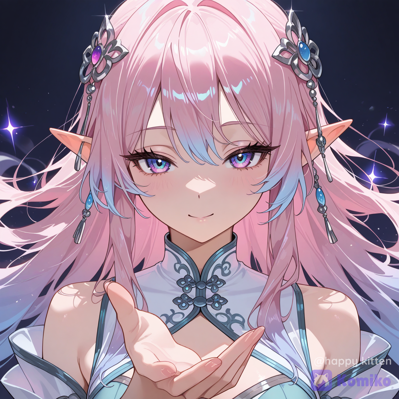 Semi-realistic fantasy girl portrait, long hair with pink-to-peach-to-soft-gold gradient, ultra- hair strands; phoenix/almond eyes, half-lidded gaze, youthful cute expression; sharp eyebrows, pointy elf ears; moonlit lakeside with mist, air perspective, subtle floating light dust; wearing qipao-inspired outfit with elegant off-shoulder cut and refined accessories/hair ornaments; graceful pose, natural hand gesture, dreamy atmosphere (non- explicit); soft skin texture, eye highlights; romantic pink-purple and silver-blue color palette, shimmering lake reflections, strong depth of field, rim light, digital painting concept art.semi-realistic, soft realism, cinematic lighting, rim light, volumetric light, fabric, high detail skin shading, depth of field