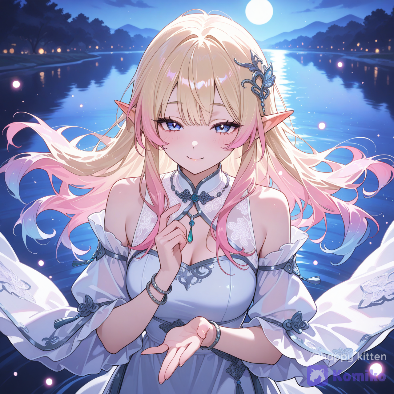 Semi-realistic fantasy girl portrait, long hair with pink-to-peach-to-soft-gold gradient, ultra- hair strands; phoenix/almond eyes, half-lidded gaze, youthful cute expression; sharp eyebrows, pointy elf ears; moonlit lakeside with mist, air perspective, subtle floating light dust; wearing qipao-inspired outfit with elegant off-shoulder cut and refined accessories/hair ornaments; graceful pose, natural hand gesture, dreamy atmosphere (non- explicit); soft skin texture, eye highlights; romantic pink-purple and silver-blue color palette, shimmering lake reflections, strong depth of field, rim light, digital painting concept art.semi-realistic, soft realism, cinematic lighting, rim light, volumetric light, fabric, high detail skin shading, depth of field