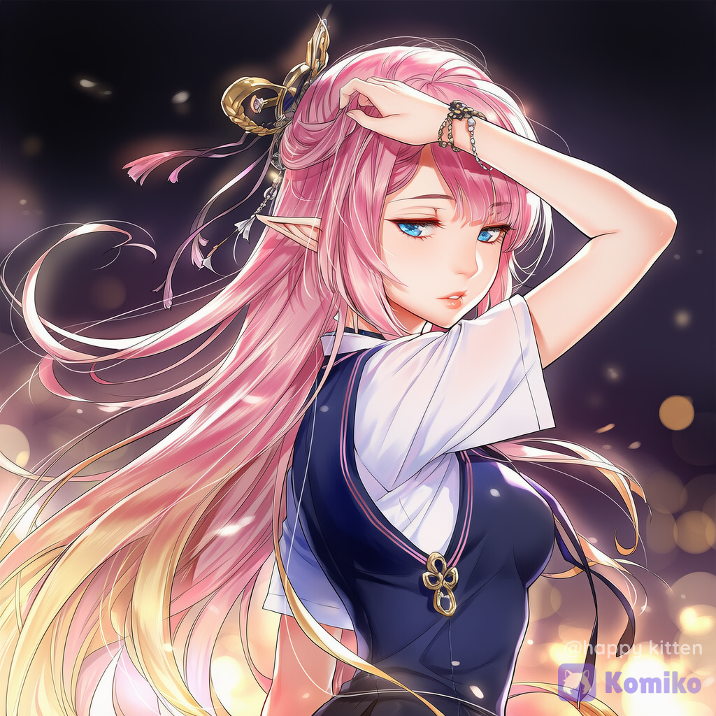 Chibi-inspired yet realistic cute teen look, very long pink gradient hair (soft pink to pale gold/apricot), alluring fox/dan-feng eyes, half-lidded eyes, sharp arched sword eyebrows, pointed elf-like ears, youthful face, slender body, small waist, short-sleeve shirt with a sleeveless vest dress (Japanese school fashion style), tasteful accessories and hair ornaments, delicate jewelry details, playful pose (slight side turn looking back, gently lifting hand to adjust hair), gentle mysterious expression, cinematic lighting, soft bokeh, highly face, natural skin texture, clean lineart, vibrant yet soft coloring, high resolution, Japanese illustration style,ultra-fine lineart, soft shading, skin texture, soft light, shallow depth of field, glow, Japanese illustration, cinematic lighting, soft bokeh, sharp focus, clean composition, dynamic hair strands, layered lighting, accessories, ultra clean hair strands)