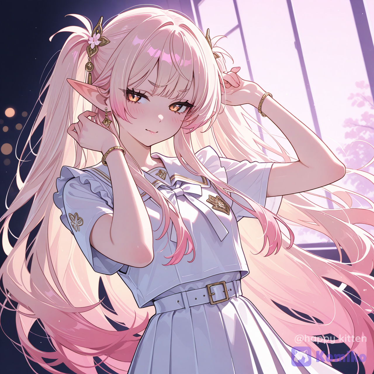 Chibi-inspired yet realistic cute teen look, very long pink gradient hair (soft pink to pale gold/apricot), alluring fox/dan-feng eyes, half-lidded eyes, sharp arched sword eyebrows, pointed elf-like ears, youthful face, slender body, small waist, short-sleeve shirt with a sleeveless vest dress (Japanese school fashion style), tasteful accessories and hair ornaments, delicate jewelry details, playful pose (slight side turn looking back, gently lifting hand to adjust hair), gentle mysterious expression, cinematic lighting, soft bokeh, highly face, natural skin texture, clean lineart, vibrant yet soft coloring, high resolution, Japanese illustration style,ultra-fine lineart, soft shading, skin texture, soft light, shallow depth of field, glow, Japanese illustration, cinematic lighting, soft bokeh, sharp focus, clean composition, dynamic hair strands, layered lighting, accessories, ultra clean hair strands)