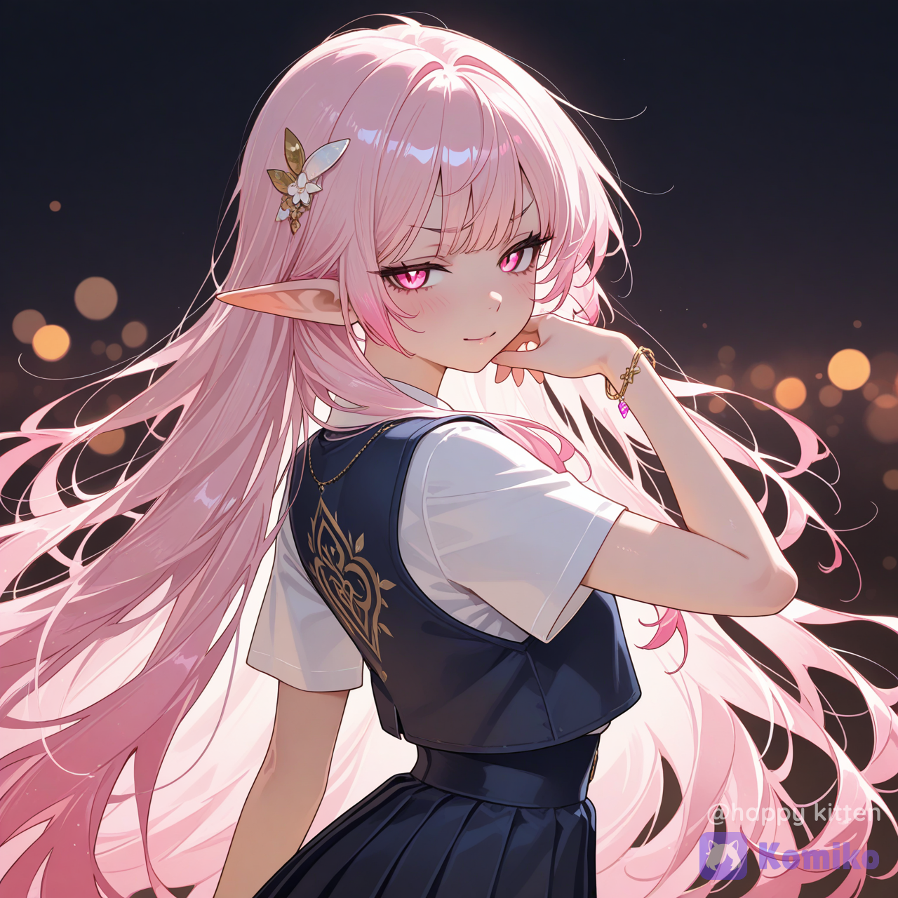 Chibi-inspired yet realistic cute teen look, very long pink gradient hair (soft pink to pale gold/apricot), alluring fox/dan-feng eyes, half-lidded eyes, sharp arched sword eyebrows, pointed elf-like ears, youthful face, slender body, small waist, short-sleeve shirt with a sleeveless vest dress (Japanese school fashion style), tasteful accessories and hair ornaments, delicate jewelry details, playful pose (slight side turn looking back, gently lifting hand to adjust hair), gentle mysterious expression, cinematic lighting, soft bokeh, highly face, natural skin texture, clean lineart, vibrant yet soft coloring, high resolution, Japanese illustration style,ultra-fine lineart, soft shading, skin texture, soft light, shallow depth of field, glow, Japanese illustration, cinematic lighting, soft bokeh, sharp focus, clean composition, dynamic hair strands, layered lighting, accessories, ultra clean hair strands)
