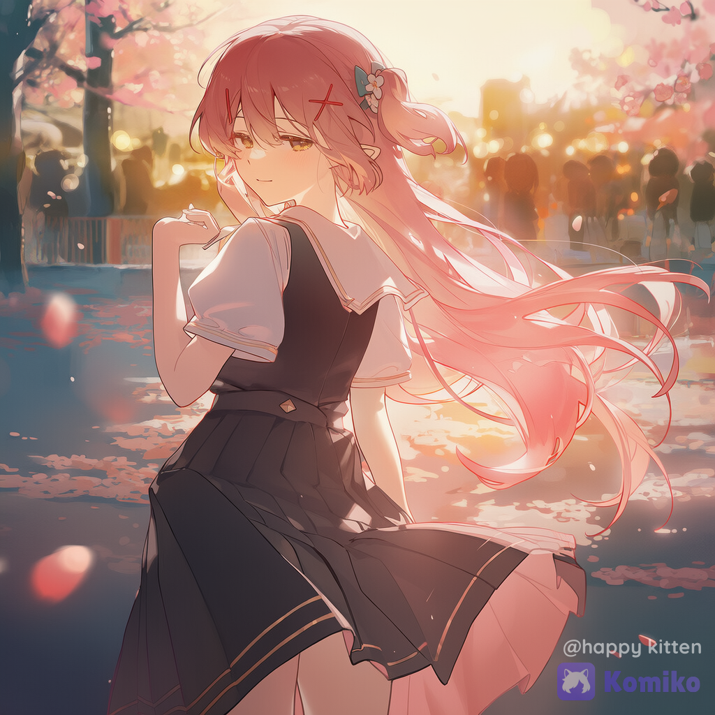 A youthful-looking少女 (teenage girl), long hair with pink-to-soft-gold gradient, silky and flowing strands, half-lidded phoenix-like eyes with a dreamy mysterious gaze, slightly lifted arched sword-like eyebrows, subtle pointy ears hidden near her hairline, wearing a Japanese school uniform: layered short-sleeve shirt over a sleeveless vest dress, elegant slim waistline, delicate hair ornaments and small accessories; she turns her body slightly and looks back over her shoulder, gently touching her hair with her fingertips, expression is warm yet quietly mysterious. Japanese digital illustration style, emphasis on realistic-ish texture and smooth soft color transitions, natural brushwork with a sense of breathing; shallow depth of field focusing on face and hands, composition with rule of thirds and diagonal dynamic balance, guiding the viewer’s eye. Soft ambient light pouring from the side-rear, dreamy sunrise/sunset haze, precisely placed highlights on hair strands, fabric folds and accessories; true-to-life material depth and strong 3D layering. Background: blurred school courtyard, cherry blossom tree shadows swaying, distant classroom building silhouettes softly indistinct, bokeh light specks like star dust, poetic atmosphere and calm depth.• cinematic lighting
• soft volumetric light
• gentle rim light
• delicate skin rendering
• hair strands (high strand detail)
• realistic fabric folds
• subsurface scattering (skin glow)
• high-quality illustration
• ultra-face and hands
• sharp focus on eyes + fingertips
• bokeh, soft background haze
• pastel color grading
• dreamy atmosphere
• clean linework (optional)
• painterly texture, subtle grain
• natural color harmony, [dreamy-style]