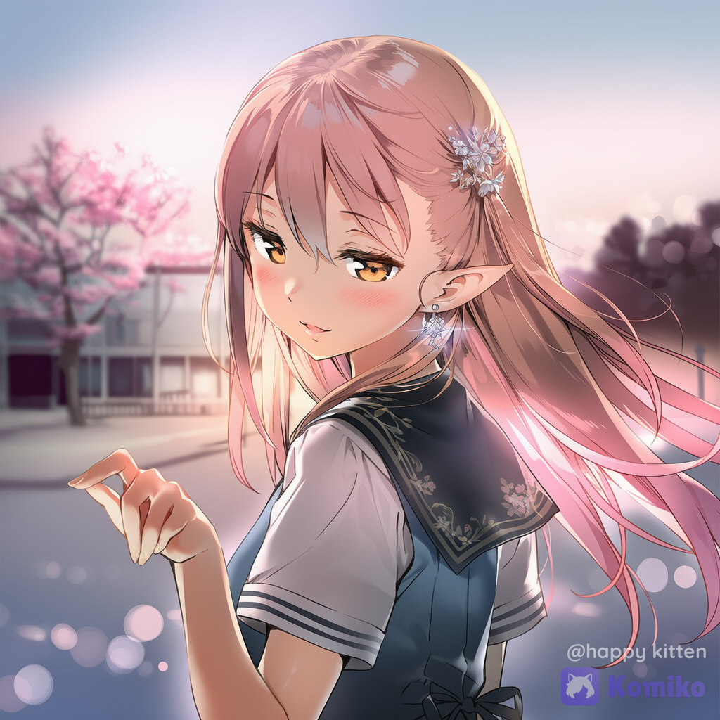 A youthful-looking少女 (teenage girl), long hair with pink-to-soft-gold gradient, silky and flowing strands, half-lidded phoenix-like eyes with a dreamy mysterious gaze, slightly lifted arched sword-like eyebrows, subtle pointy ears hidden near her hairline, wearing a Japanese school uniform: layered short-sleeve shirt over a sleeveless vest dress, elegant slim waistline, delicate hair ornaments and small accessories; she turns her body slightly and looks back over her shoulder, gently touching her hair with her fingertips, expression is warm yet quietly mysterious. Japanese digital illustration style, emphasis on realistic-ish texture and smooth soft color transitions, natural brushwork with a sense of breathing; shallow depth of field focusing on face and hands, composition with rule of thirds and diagonal dynamic balance, guiding the viewer’s eye. Soft ambient light pouring from the side-rear, dreamy sunrise/sunset haze, precisely placed highlights on hair strands, fabric folds and accessories; true-to-life material depth and strong 3D layering. Background: blurred school courtyard, cherry blossom tree shadows swaying, distant classroom building silhouettes softly indistinct, bokeh light specks like star dust, poetic atmosphere and calm depth.• cinematic lighting
• soft volumetric light
• gentle rim light
• delicate skin rendering
• hair strands (high strand detail)
• realistic fabric folds
• subsurface scattering (skin glow)
• high-quality illustration
• ultra-face and hands
• sharp focus on eyes + fingertips
• bokeh, soft background haze
• pastel color grading
• dreamy atmosphere
• clean linework (optional)
• painterly texture, subtle grain
• natural color harmony, [sweet-lightnovel-style]