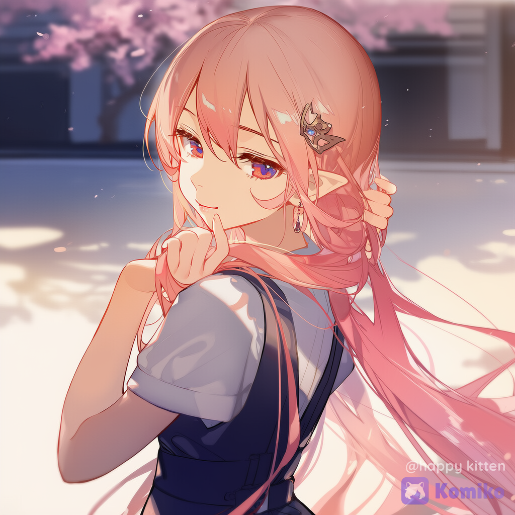 A youthful-looking少女 (teenage girl), long hair with pink-to-soft-gold gradient, silky and flowing strands, half-lidded phoenix-like eyes with a dreamy mysterious gaze, slightly lifted arched sword-like eyebrows, subtle pointy ears hidden near her hairline, wearing a Japanese school uniform: layered short-sleeve shirt over a sleeveless vest dress, elegant slim waistline, delicate hair ornaments and small accessories; she turns her body slightly and looks back over her shoulder, gently touching her hair with her fingertips, expression is warm yet quietly mysterious. Japanese digital illustration style, emphasis on realistic-ish texture and smooth soft color transitions, natural brushwork with a sense of breathing; shallow depth of field focusing on face and hands, composition with rule of thirds and diagonal dynamic balance, guiding the viewer’s eye. Soft ambient light pouring from the side-rear, dreamy sunrise/sunset haze, precisely placed highlights on hair strands, fabric folds and accessories; true-to-life material depth and strong 3D layering. Background: blurred school courtyard, cherry blossom tree shadows swaying, distant classroom building silhouettes softly indistinct, bokeh light specks like star dust, poetic atmosphere and calm depth.• cinematic lighting
• soft volumetric light
• gentle rim light
• delicate skin rendering
• hair strands (high strand detail)
• realistic fabric folds
• subsurface scattering (skin glow)
• high-quality illustration
• ultra-face and hands
• sharp focus on eyes + fingertips
• bokeh, soft background haze
• pastel color grading
• dreamy atmosphere
• clean linework (optional)
• painterly texture, subtle grain
• natural color harmony, [lacquered-illustration]