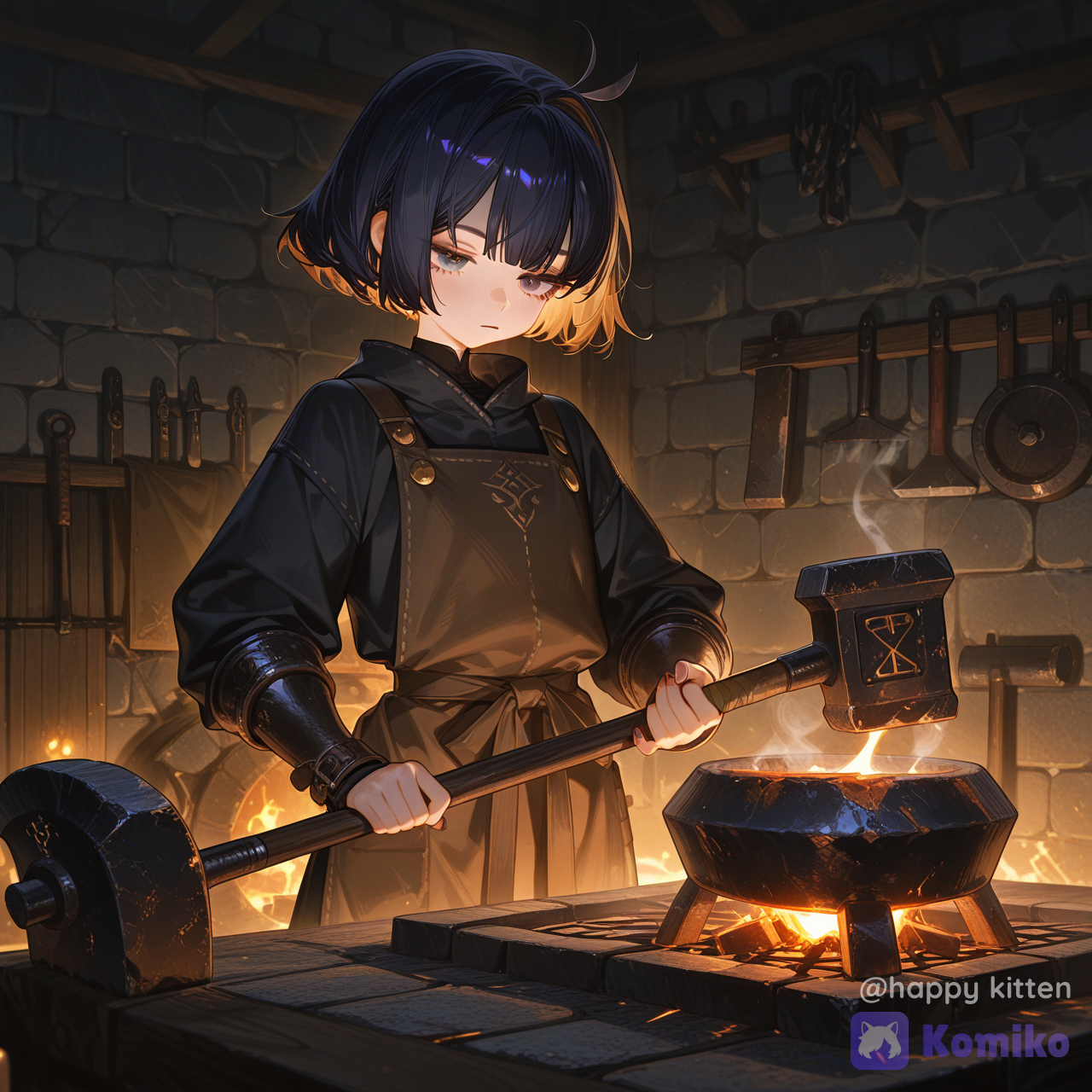 A female dwarf from a fantasy world, featuring a petite frame, short hair with straight-cut bangs and a playful cowlick; her half-lidded expression conveys a blend of cuteness and a spirited, defiant coolness. The style combines refined anime-inspired illustration with mixed artistic techniques, showcasing a polished character design and rich textural details. She wears a dwarf blacksmith's outfit (in dark blue and charcoal gray) complete with leather bracers, visible stitching, and small, warm brass-gold buttons along the apron's edge. The focal point is a small hammer she holds—featuring rust spots and signs of wear, yet possessing a rounded, cute shape. The setting is a smithy; she stands before an anvil, captured in the split-second pause just before striking. A gentle atmosphere is created through sparse sparks, warm rising steam, and the soft glow of the furnace. The background features a wall studded with iron nails, a tool rack, etched runes in the corner, and a softly glowing ore accent. Warm light from the furnace illuminates her cheeks and creates highlights on the metal; her eyes feature distinct highlights and soft shading, resulting in an overall cute appearance that still retains the authentic feel of a skilled craftsperson at work., [high-gloss-illustration-style]