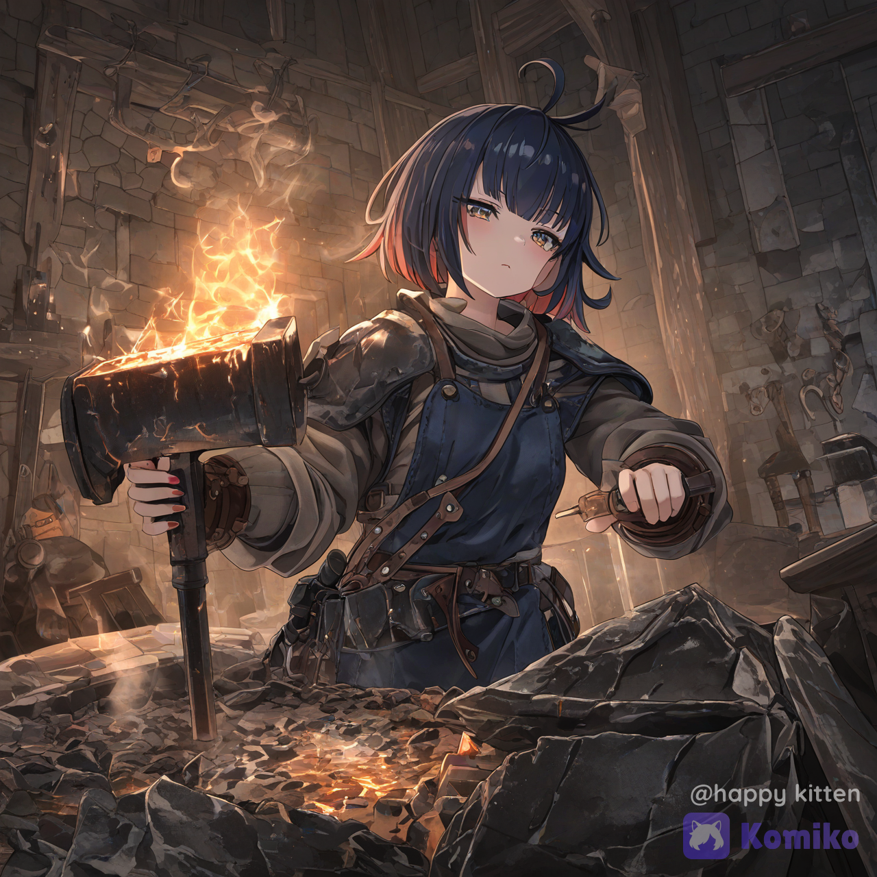 A female dwarf from a fantasy world, featuring a petite frame, short hair with straight-cut bangs and a playful cowlick; her half-lidded expression conveys a blend of cuteness and a spirited, defiant coolness. The style combines refined anime-inspired illustration with mixed artistic techniques, showcasing a polished character design and rich textural details. She wears a dwarf blacksmith's outfit (in dark blue and charcoal gray) complete with leather bracers, visible stitching, and small, warm brass-gold buttons along the apron's edge. The focal point is a small hammer she holds—featuring rust spots and signs of wear, yet possessing a rounded, cute shape. The setting is a smithy; she stands before an anvil, captured in the split-second pause just before striking. A gentle atmosphere is created through sparse sparks, warm rising steam, and the soft glow of the furnace. The background features a wall studded with iron nails, a tool rack, etched runes in the corner, and a softly glowing ore accent. Warm light from the furnace illuminates her cheeks and creates highlights on the metal; her eyes feature distinct highlights and soft shading, resulting in an overall cute appearance that still retains the authentic feel of a skilled craftsperson at work., [ethereal-fantasy-style]