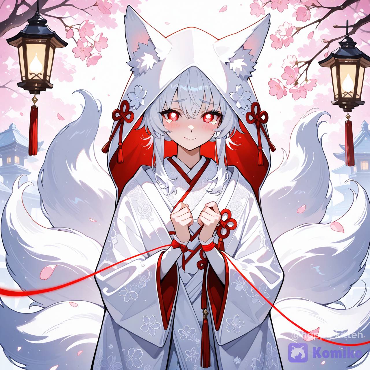 精緻插畫風、夢幻奇幻與浪漫氛圍,一位九尾狐女 神新娘形象,氣質高雅卻帶點害羞與溫柔的幸福 感。她擁有九條巨大而柔軟的狐尾,柔毛細節豐 富,像雲霧般蓬鬆。身著華麗的白色 shiromuku (色打褂)風格禮服,帶金色精緻刺繡與典雅繁複 的紋路,材質光澤細膩。手腕上繫著發光的紅色命 運紅線,紅線微微散發神祕光點,象徵兩人命運交 織。她的臉頰微紅、眼含溫柔亮光,甚至有幸福的 淚滴顯得更真切。周圍飄散著發光的浪漫燈籠光球 與花瓣,像夢裡的儀式場景。整體光影柔和、色調 溫暖,帶有迷霧感與飄浮粒子,畫面細節極高、表 情與衣料質感清晰,讓人感到甜美又神聖的夢幻奇 幻感。, [glossy-anime-style]
