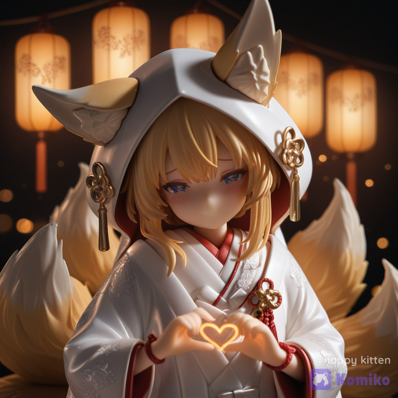 精緻插畫風、夢幻奇幻與浪漫氛圍,一位九尾狐女 神新娘形象,氣質高雅卻帶點害羞與溫柔的幸福 感。她擁有九條巨大而柔軟的狐尾,柔毛細節豐 富,像雲霧般蓬鬆。身著華麗的白色 shiromuku (色打褂)風格禮服,帶金色精緻刺繡與典雅繁複 的紋路,材質光澤細膩。手腕上繫著發光的紅色命 運紅線,紅線微微散發神祕光點,象徵兩人命運交 織。她的臉頰微紅、眼含溫柔亮光,甚至有幸福的 淚滴顯得更真切。周圍飄散著發光的浪漫燈籠光球 與花瓣,像夢裡的儀式場景。整體光影柔和、色調 溫暖,帶有迷霧感與飄浮粒子,畫面細節極高、表 情與衣料質感清晰,讓人感到甜美又神聖的夢幻奇 幻感。, [glossy-figurine-style]