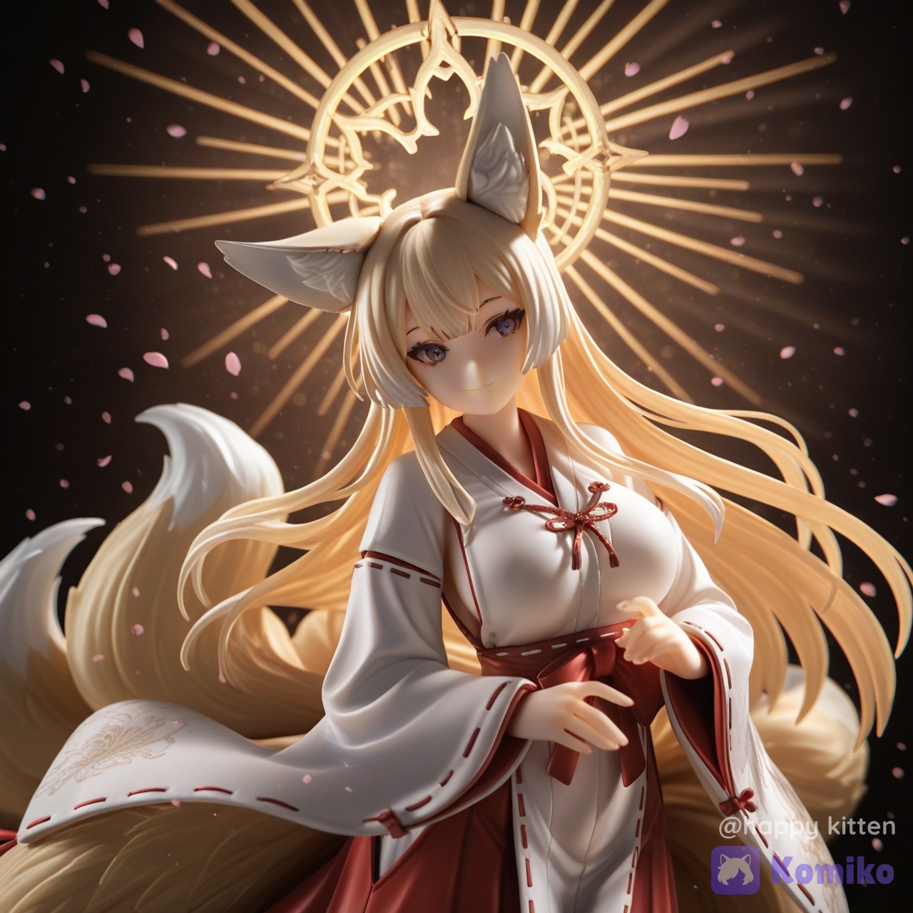 精緻插畫風、夢幻奇幻氛圍,一位成熟而令人屏息 的九尾狐女神/狐神巫女,穿著優雅的白色與酒紅 色交織的巫女服,衣料細節清晰、刺繡與邊飾精 緻,九條巨大而蓬鬆的狐尾隨著微風輕輕舒展。她 溫柔地露出輕笑,眼神充滿慈愛與神祕感。周身籠 罩著柔和發光的金色光暈,像是神性祝福在空氣中 流動。粉色櫻花花瓣飄浮於黑暗奇幻森林中,花瓣 與光粒交錯形成夢境般的層次。整體採用電影感打 光與夢幻散景,臉部與服裝紋理超級細緻,帶有空 氣透視與細膩的景深,氛圍浪漫、靜謐、迷人, [glossy-figurine-style]
