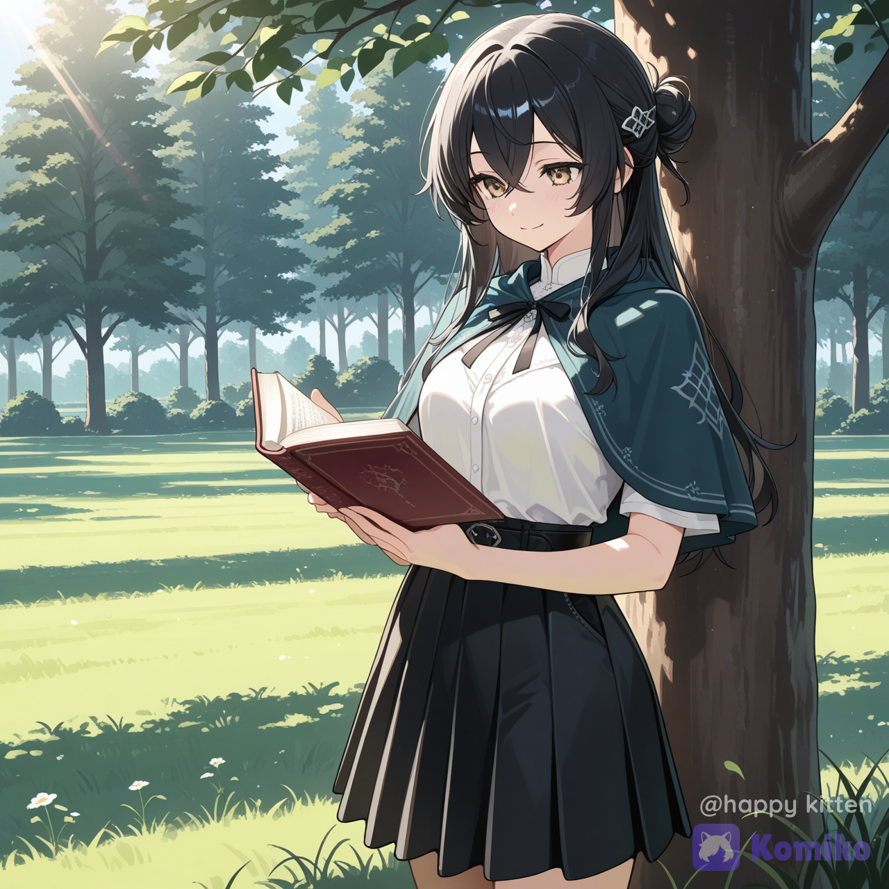 1girl, solo, long hair, smile, shirt, skirt, black hair, hair ornament, closed mouth, hair between eyes, white shirt, short sleeves, cowboy shot, outdoors, black skirt, hair bun, grey eyes, book, capelet, crossed bangs, open book, looking at object