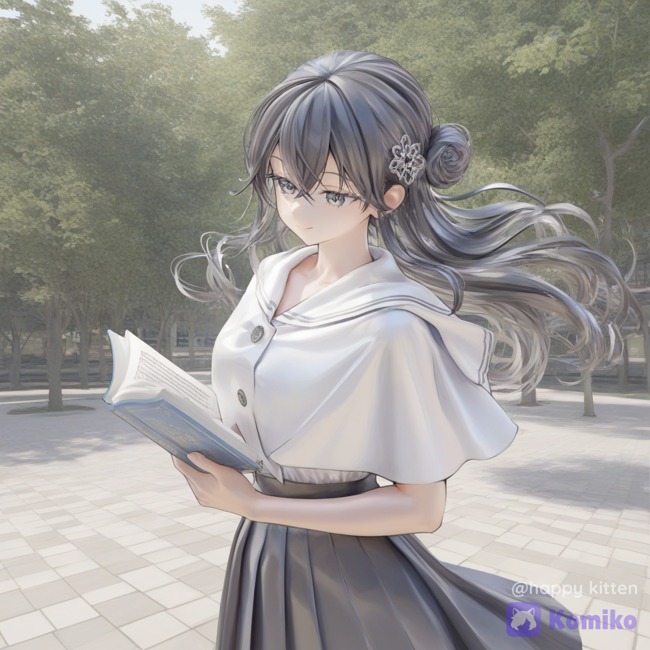 1girl, solo, long hair, smile, shirt, skirt, black hair, hair ornament, closed mouth, hair between eyes, white shirt, short sleeves, cowboy shot, outdoors, black skirt, hair bun, grey eyes, book, capelet, crossed bangs, open book, looking at object, [soft-glossy-style]