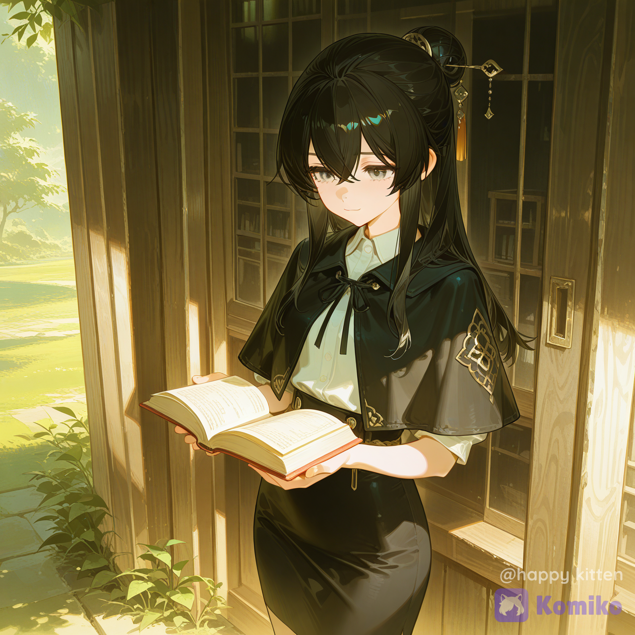 1girl, solo, long hair, smile, shirt, skirt, black hair, hair ornament, closed mouth, hair between eyes, white shirt, short sleeves, cowboy shot, outdoors, black skirt, hair bun, grey eyes, book, capelet, crossed bangs, open book, looking at object, [high-gloss-illustration-style]