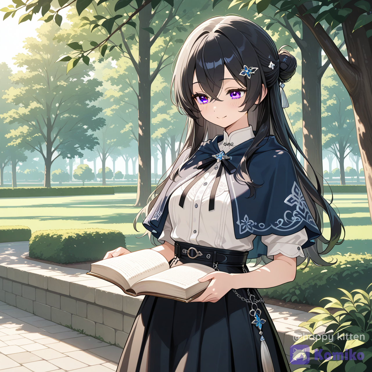 1girl, solo, long hair, smile, shirt, skirt, black hair, hair ornament, closed mouth, hair between eyes, white shirt, short sleeves, cowboy shot, outdoors, black skirt, hair bun, grey eyes, book, capelet, crossed bangs, open book, looking at object, [glossy-anime-style]